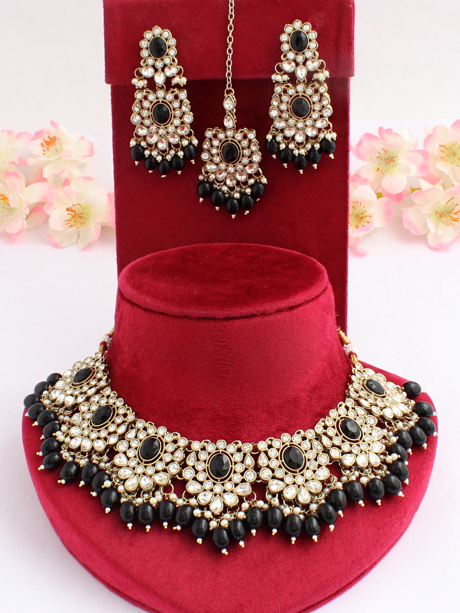 Maheen Bib Necklace Set-Black