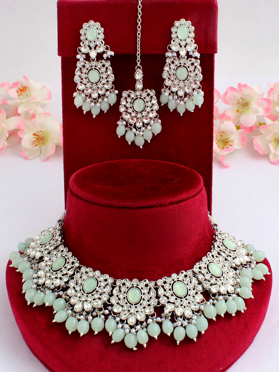 Maheen Bib Necklace Set-Mint Green