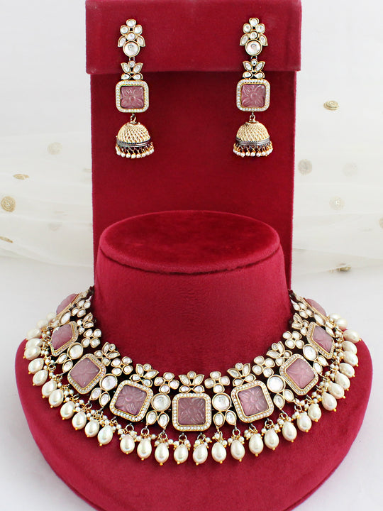 Assam Bib Necklace Set-Pastel pink
