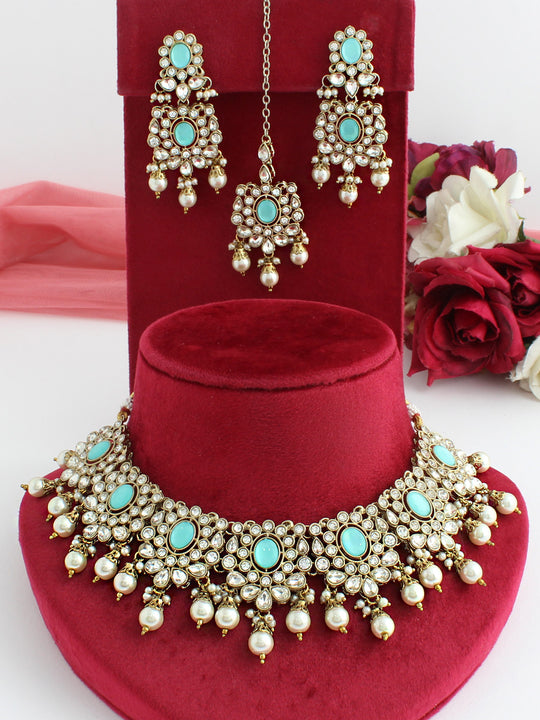 Maheen Bib Necklace Set-Turquoise
